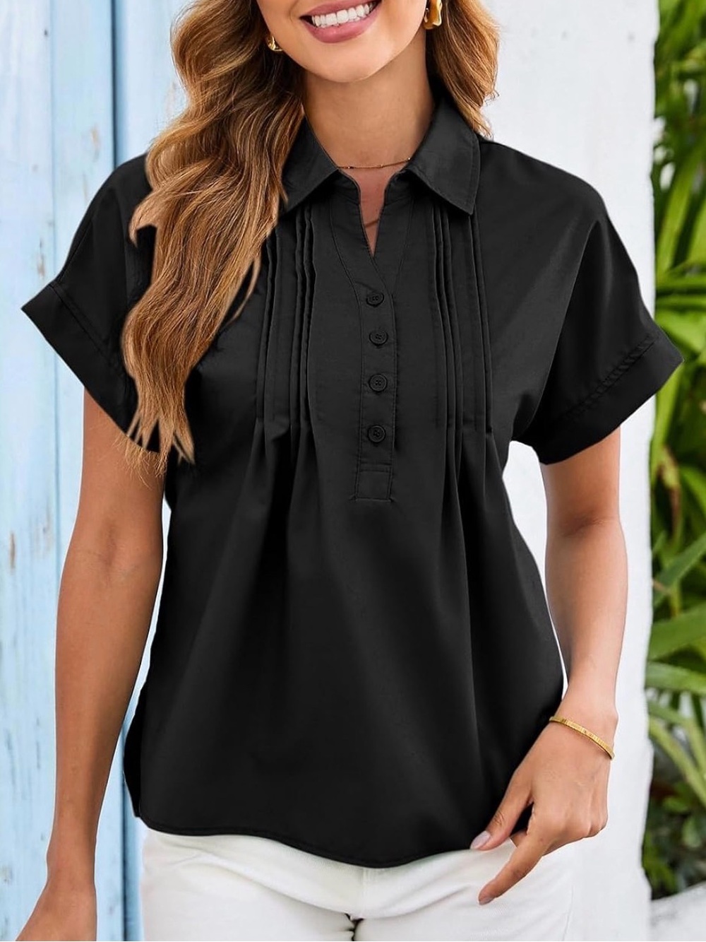 NWT Dokooto Women’s Black Pintuck Button-Front Blouse